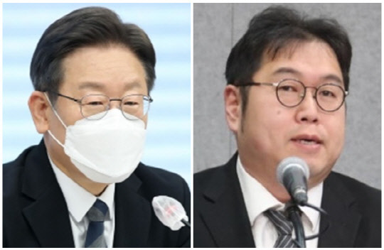 이재명(왼쪽) 더불어민주당 대선 후보와 김용민 평화나무 이사장. 연합뉴스